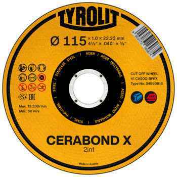 Disco de Corte Plano CERABOND X 41F CAQ-BFPX 41F 115x1x22,23 CA60Q-BFPX TYROLIT - Caixa 25 unidades