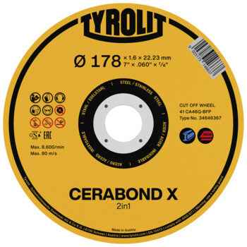 Disco de Corte Plano Premium 2EM1 41F CAQ-BFP 41F 178x1,6x22,23 CA46Q-BFP TYROLIT - Caixa 25 unidades
