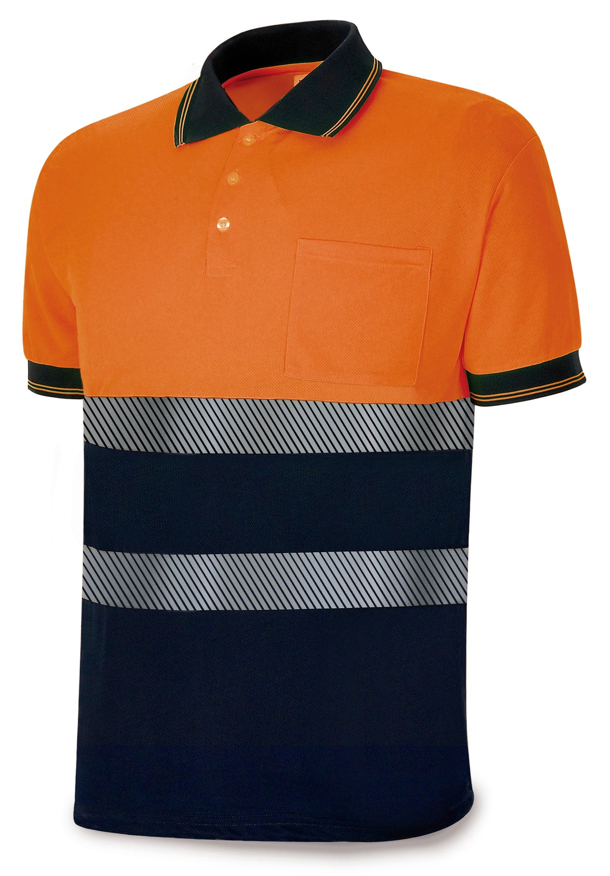 Polo de alta visibilidade bicolor Bright laranja poliéster com bandas segmentadas 150 g