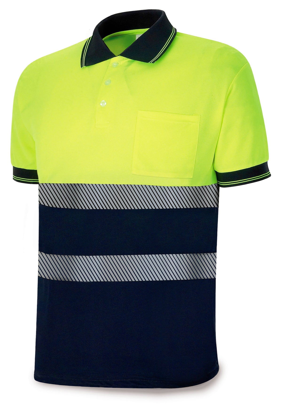 Polo de alta visibilidade bicolor Bright amarelo poliéster com bandas segmentadas 150 g