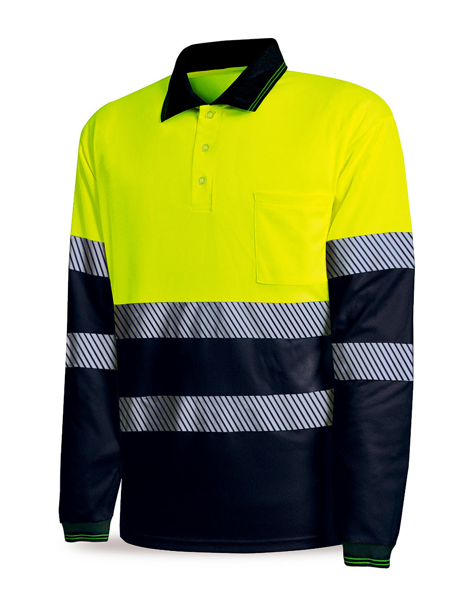 Polo de alta visibilidade bicolor Xara amarelo poliéster/algodão com bandas segmentadas 150 g