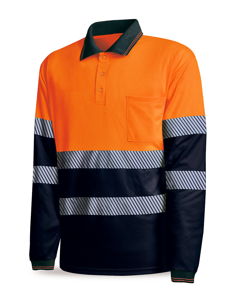Polo de alta visibilidade bicolor Onyx laranja poliéster com bandas segmentadas 150 g
