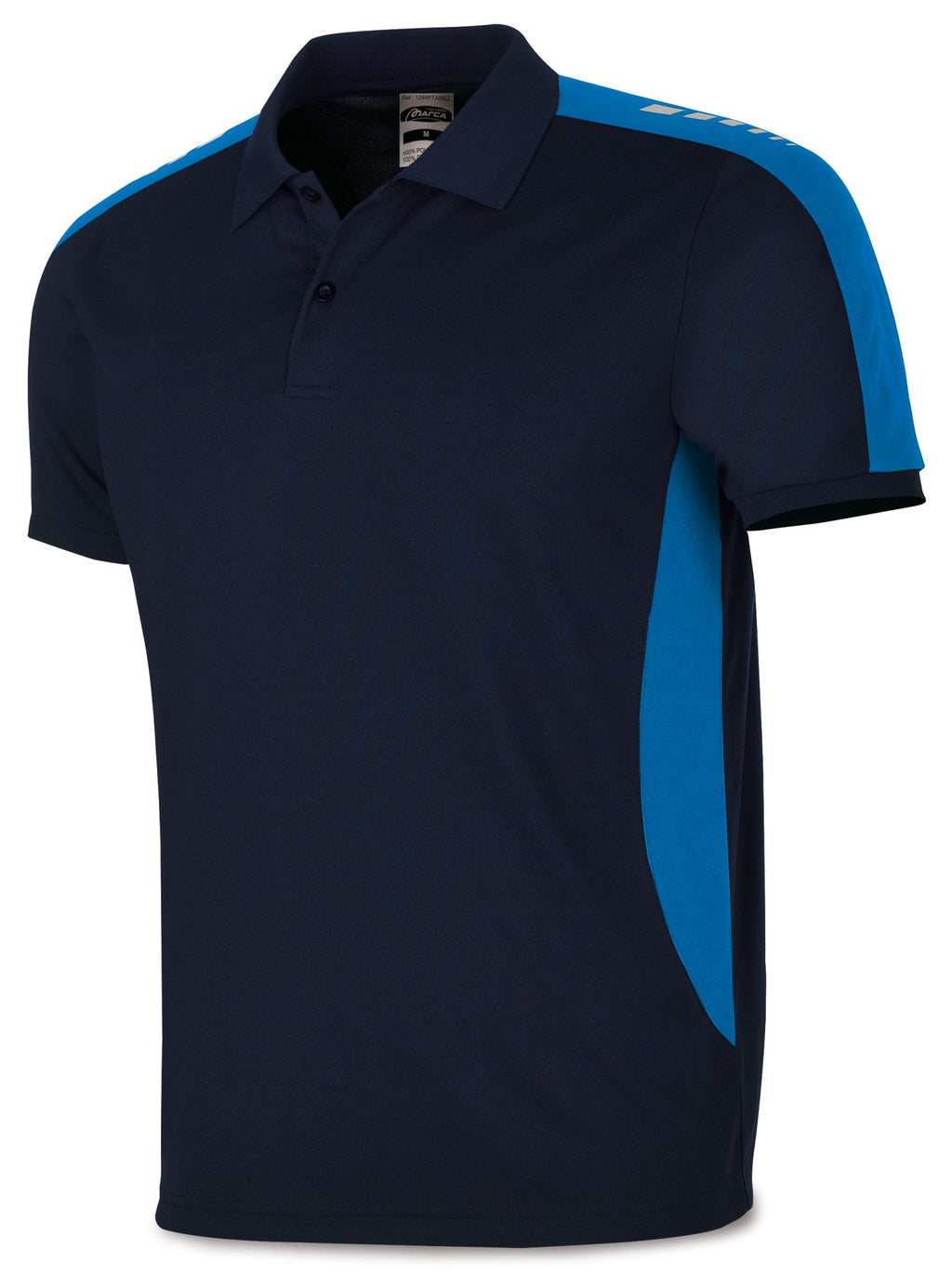 Polo técnico azul-marinho com lateral azul-royal poliéster 150 g