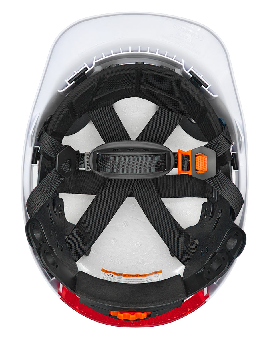 Capacete de proteção ABS New Mountain branco com roquete, arnês têxtil de 6 pontos e jugular, vista 3