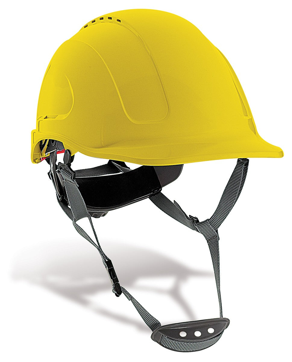 Capacete de proteção ABS New Mountain amarelo com roquete, arnês têxtil de 6 pontos e jugular