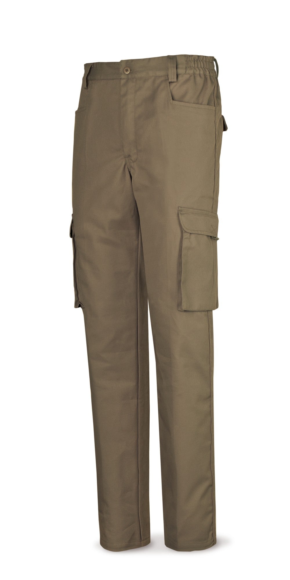 Calças bege poliéster/algodão 245 g com vários bolsos