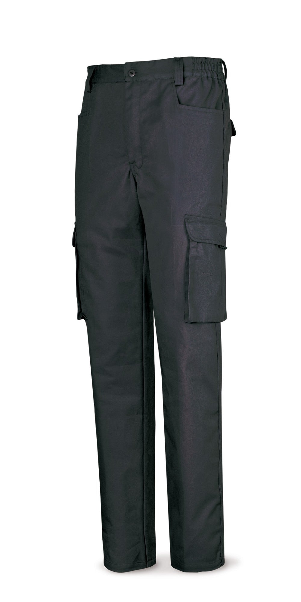 Calças pretas poliéster/algodão 245 g com vários bolsos