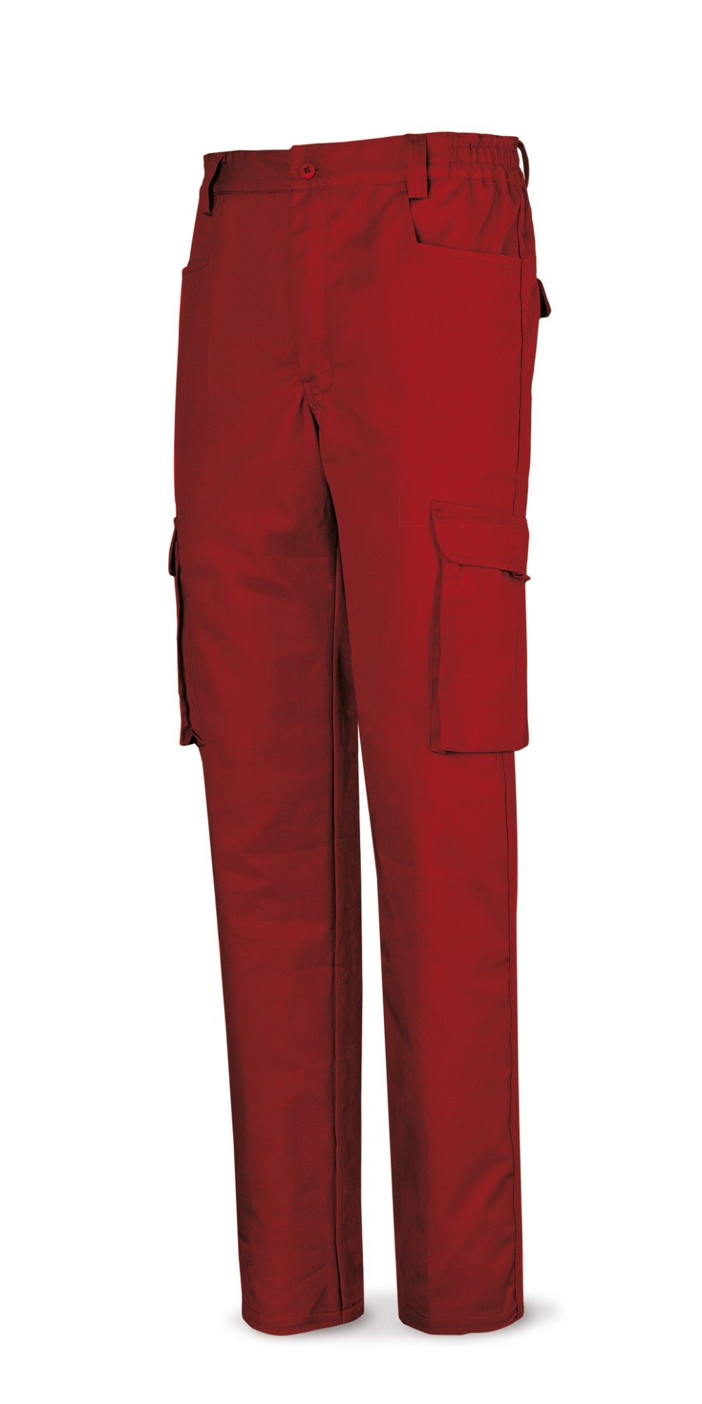 Calças vermelhas poliéster/algodão 245 g com vários bolsos