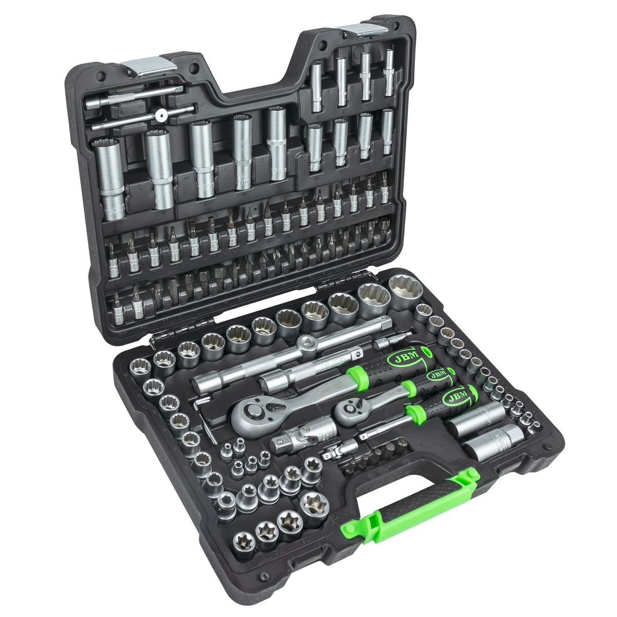 MALA de Ferramentas de 113 Peças com Soquetes de 12 Pontas de 1/4" e 1/2" – Acabamento Zincado - JBM JBM, imagem do produto