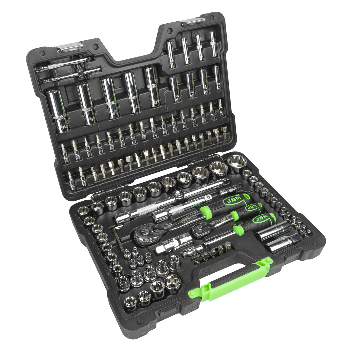 MALA de Ferramentas de 113 Peças com Soquetes de 12 Pontas de 1/4" e 1/2" – Acabamento Cromado - JBM JBM, imagem do produto