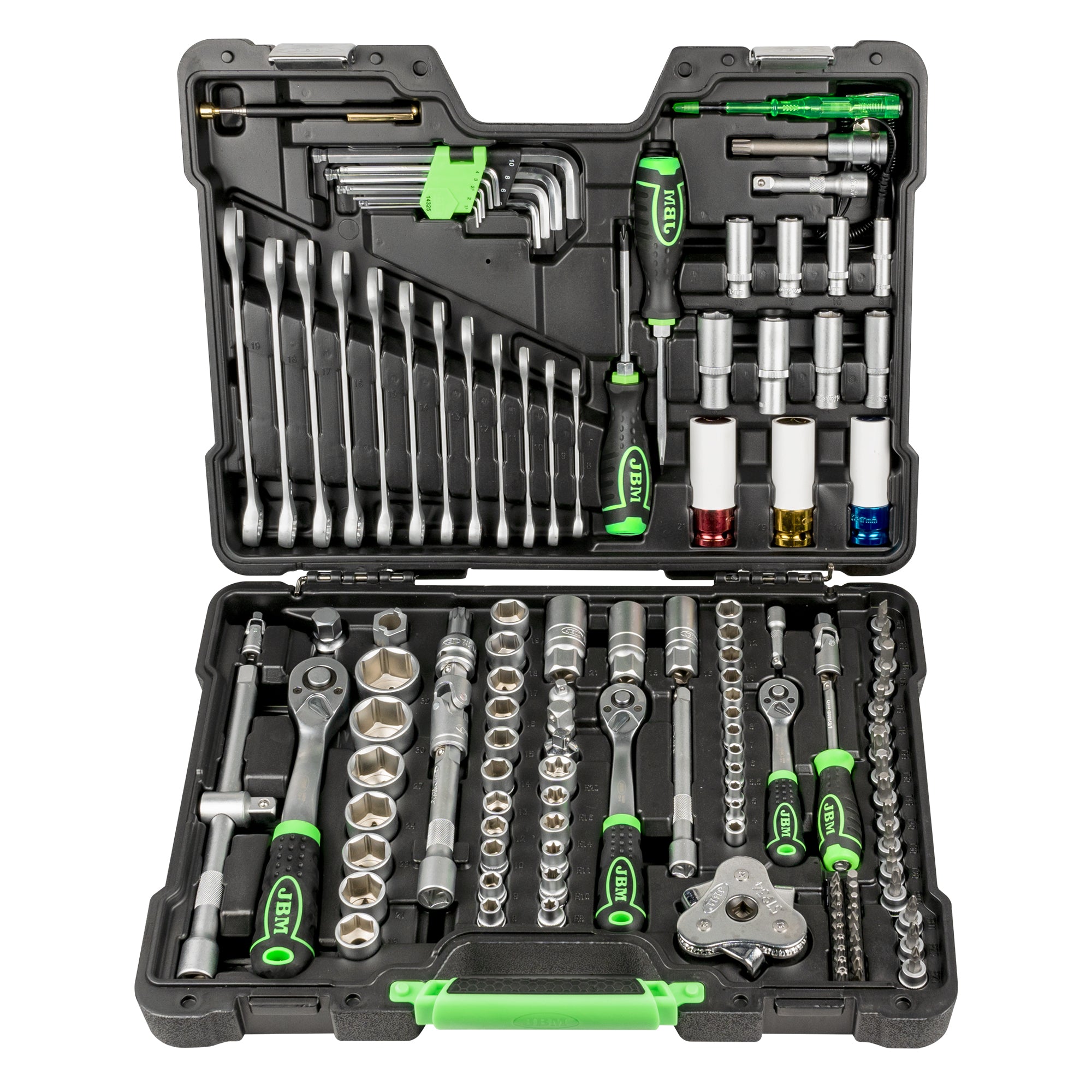 MALA de Ferramentas de 132 Peças com Soquetes Hexagonais de 1/2", 1/4" e 3/8" – Acabamento Zincado - JBM JBM, imagem do produto