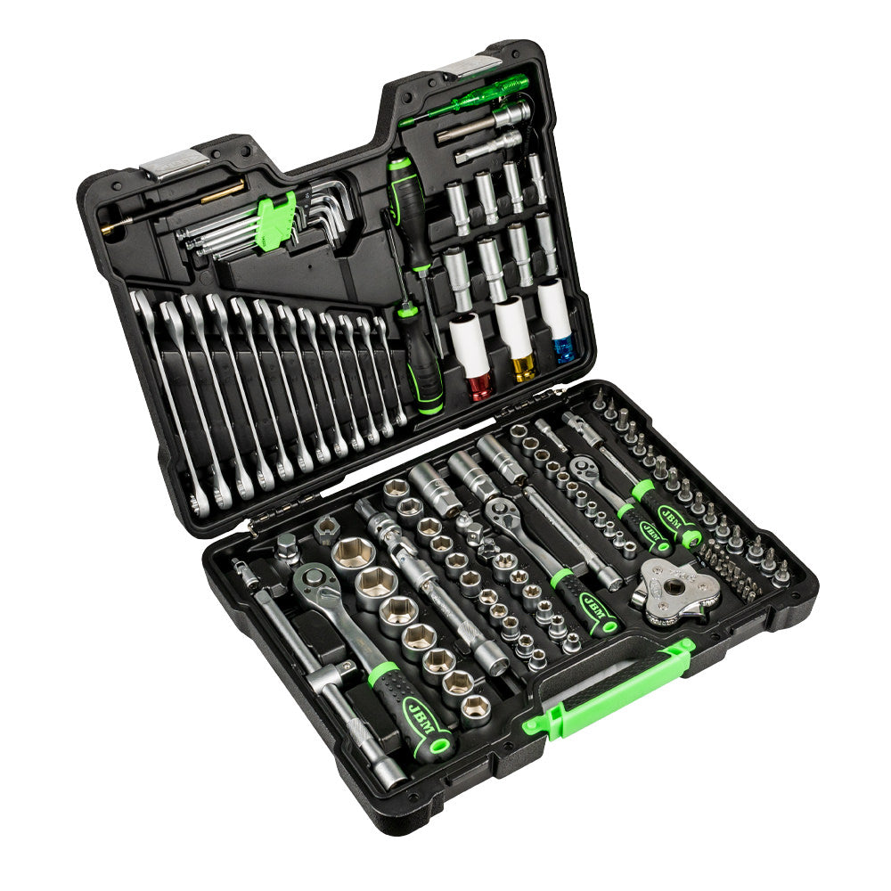 MALA de Ferramentas de 132 Peças com Soquetes Hexagonais de 1/2", 1/4" e 3/8" – Acabamento Zincado - JBM JBM, imagem do produto