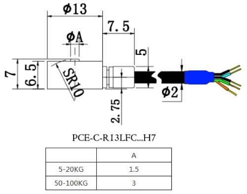 Célula de carga PCE-C-R13LFC Série 5-100 kg