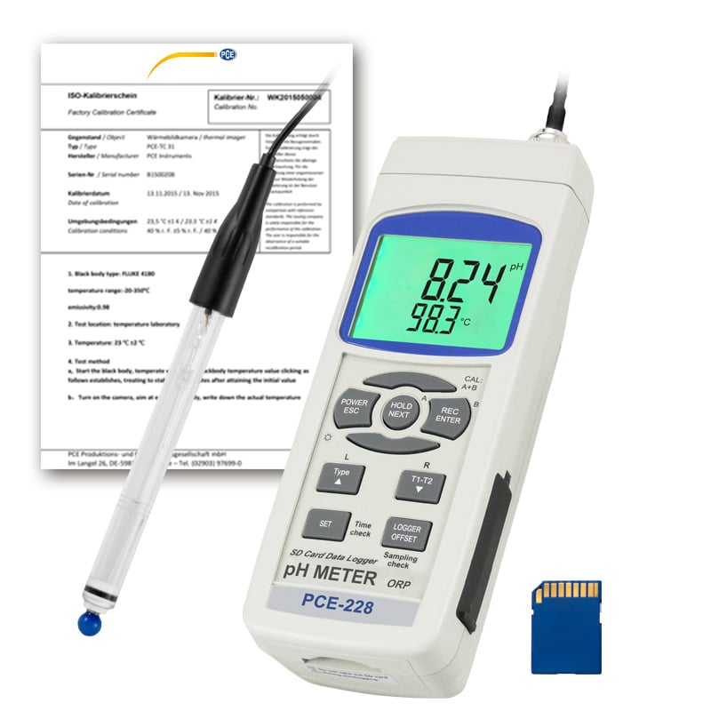 Medidor de pH PCE-228HTE-ICA con certificado de calibración ISO