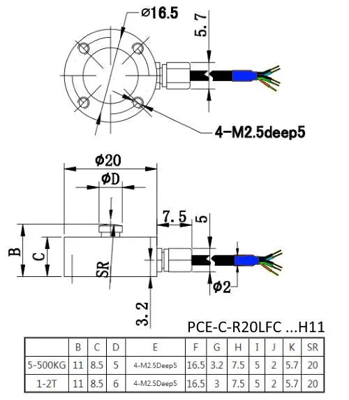 Sensor de fuerza PCE-C-R20LFC Serie 5-2000 kg