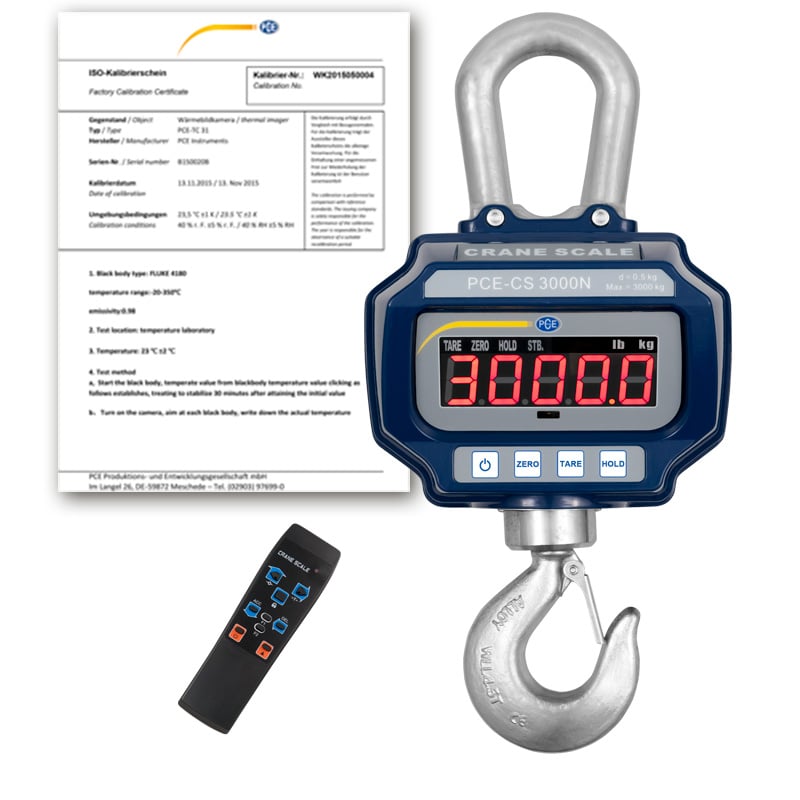 Báscula colgante PCE-CS 3000N-ICA con certificado de calibración ISO