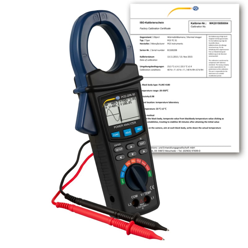 Pinza amperimétrica PCE-GPA 50-ICA, incluye certificado de calibración ISO