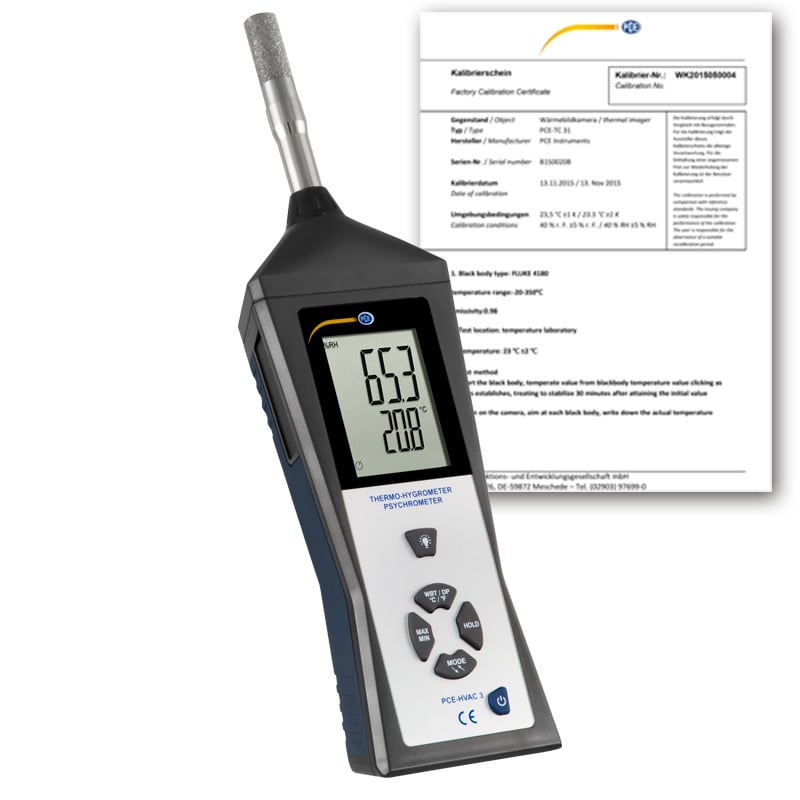 Termohigrómetro PCE-HVAC 3S incluye certificado de calibración ISO