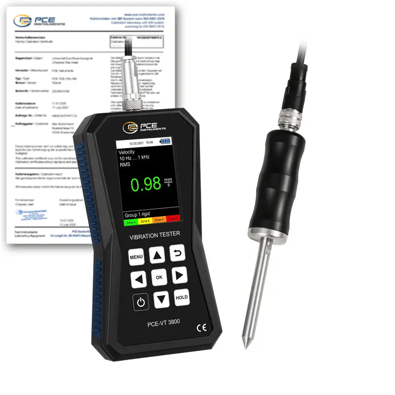 Medidor de vibração PCE-VT 3800S-ICA, incluindo certificado de calibração ISO
