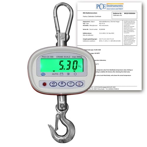 Balanza colgante PCE-CS 300 con certificado de calibración ISO