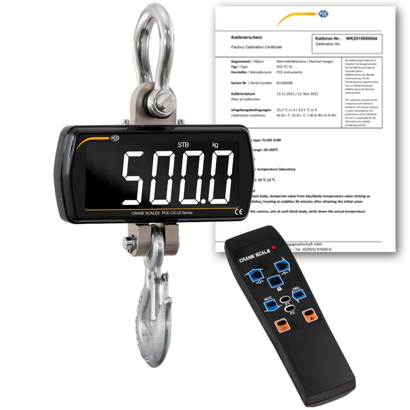 Balanza colgante PCE-CS 500LD-ICA con certificado de calibración ISO