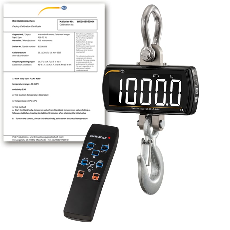 Balanza de gancho PCE-CS 1000LD-ICA con certificado de calibración ISO