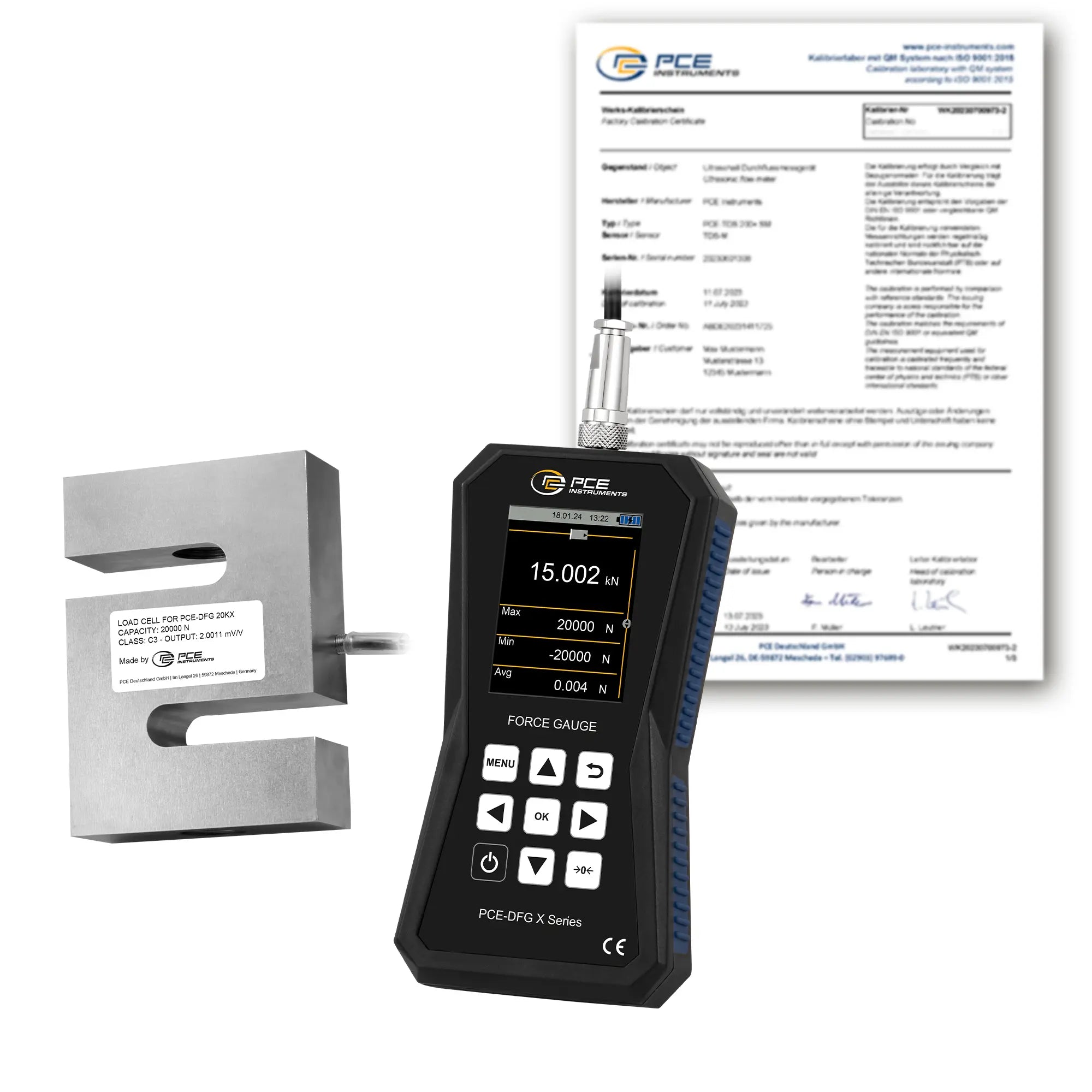 Medidor de força com célula externa até 20.000 N e display gráfico PCE-DFG 20K X