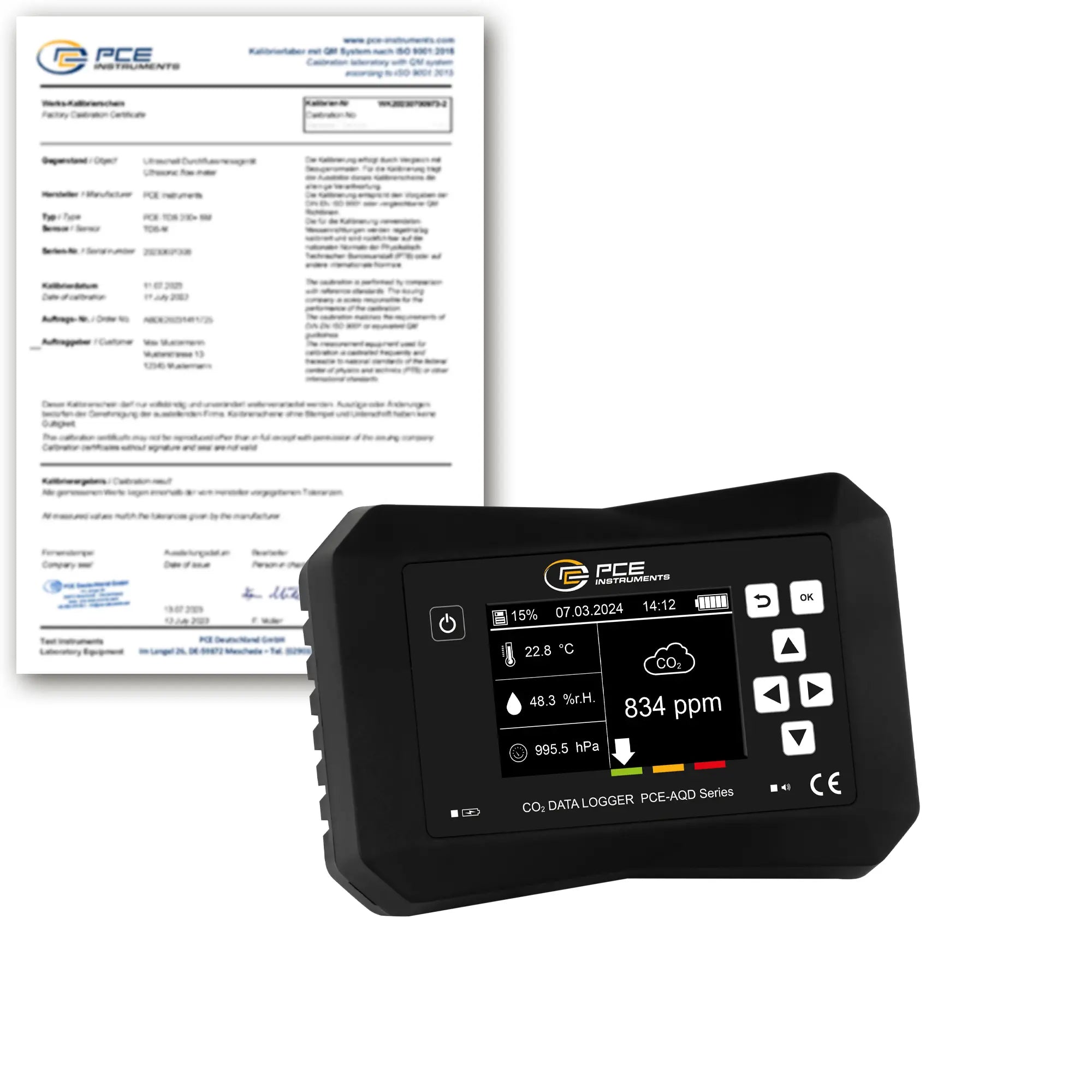 Medidor de CO2 PCE-AQD 50A-ICA que incluye certificado de calibración ISO
