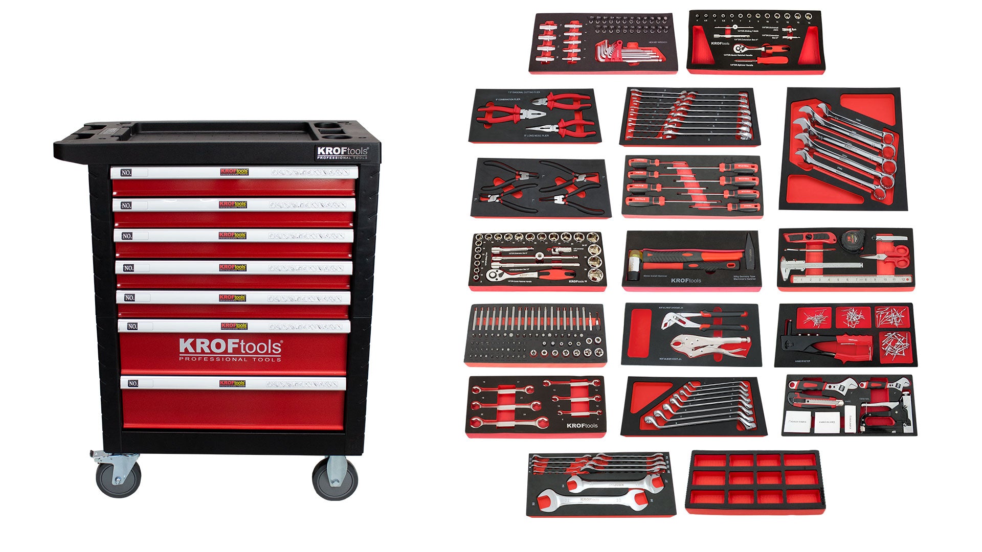 CARRO FERRAMENTA VERMELHO 7 GAVETAS 353PCS - KROFtools