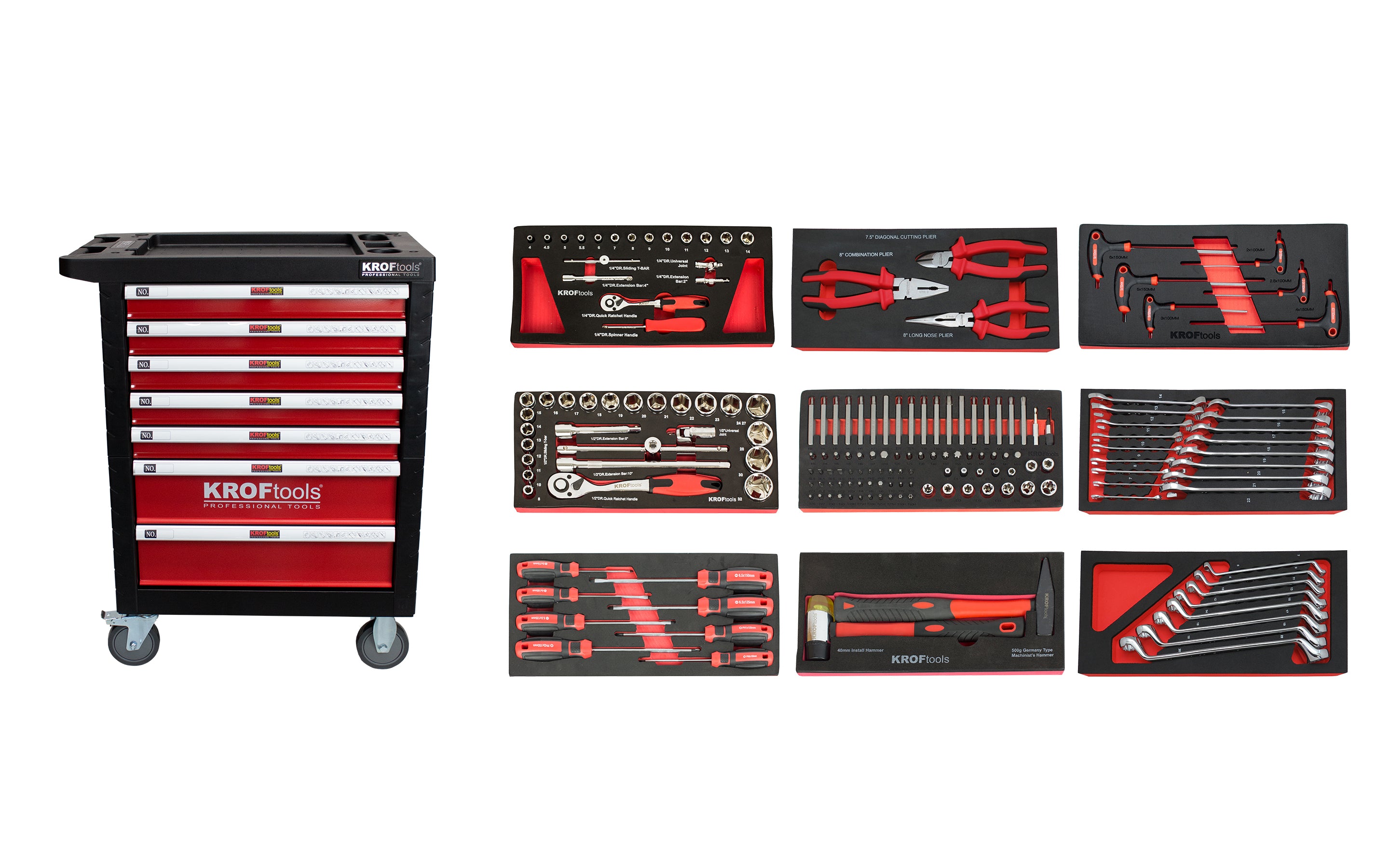 CARRO FERRAMENTA 7 GAVETAS 174PCS. VERMELHO - KROFtools