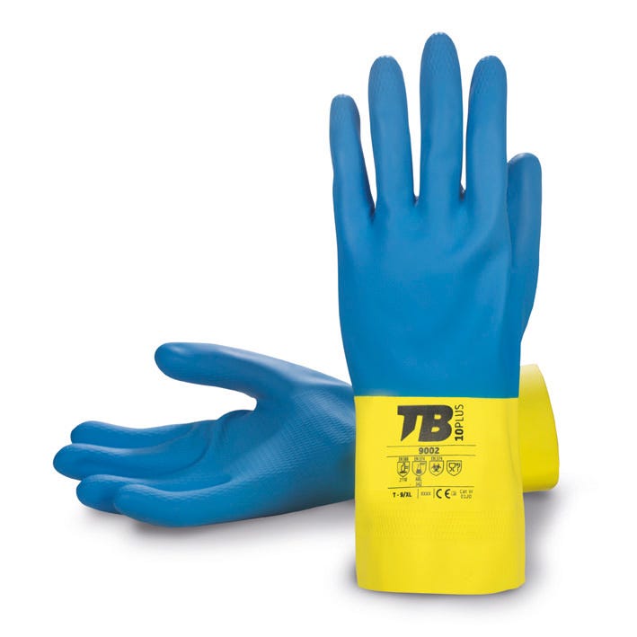 Luva química de látex e neopreno azul e amarelo interior flocado 9002 (10 PARES)