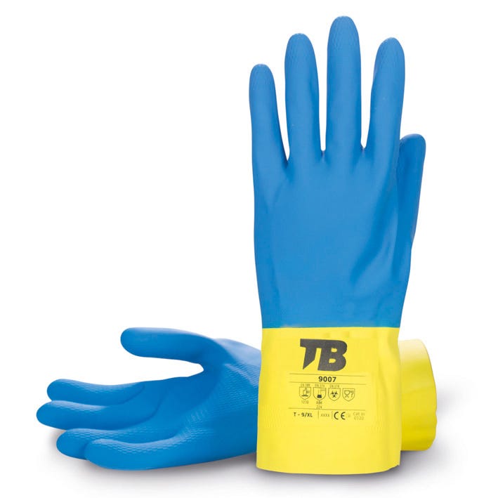 Guante químico de látex azul y amarillo interior flocado 9007 (10 PARES)