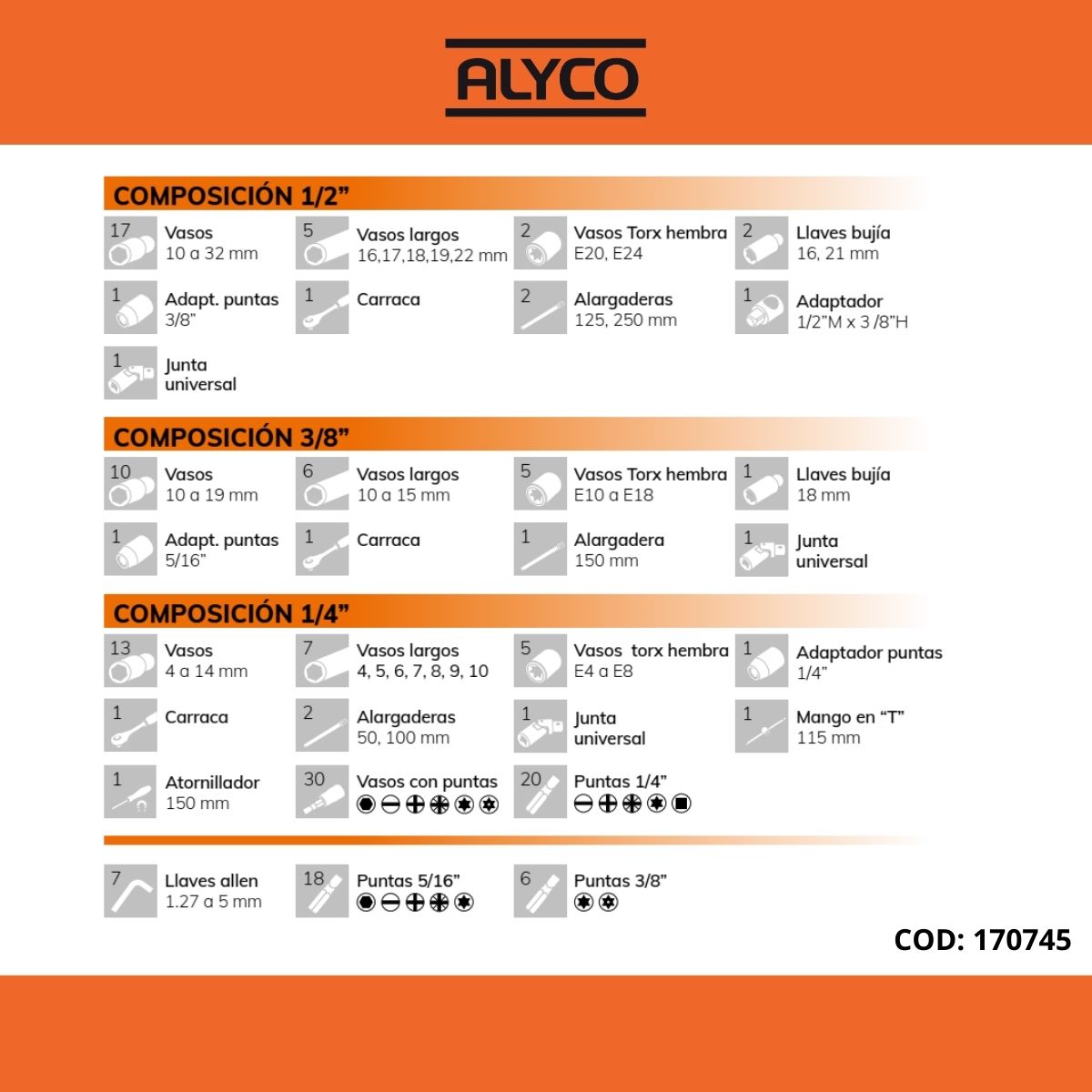 Jg Encaixes 1/2+1/4+3/8 171pç ALYCO ORANGE (170745)