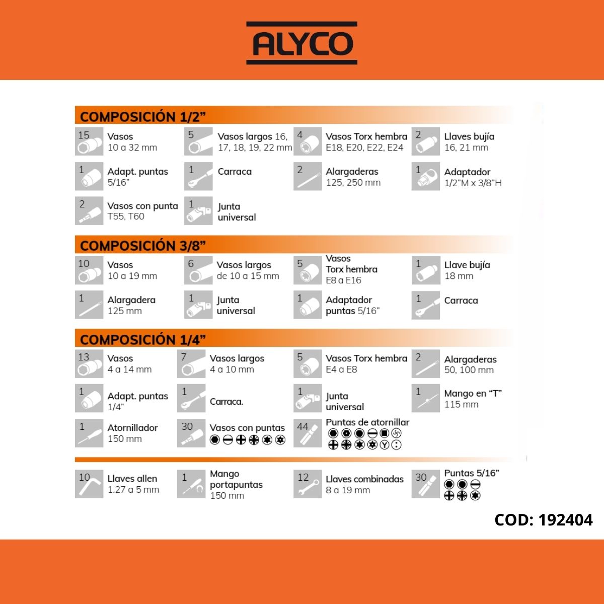 Jg Encaixes 1/2+1/4+3/8 219pç ALYCO ORANGE (192404)