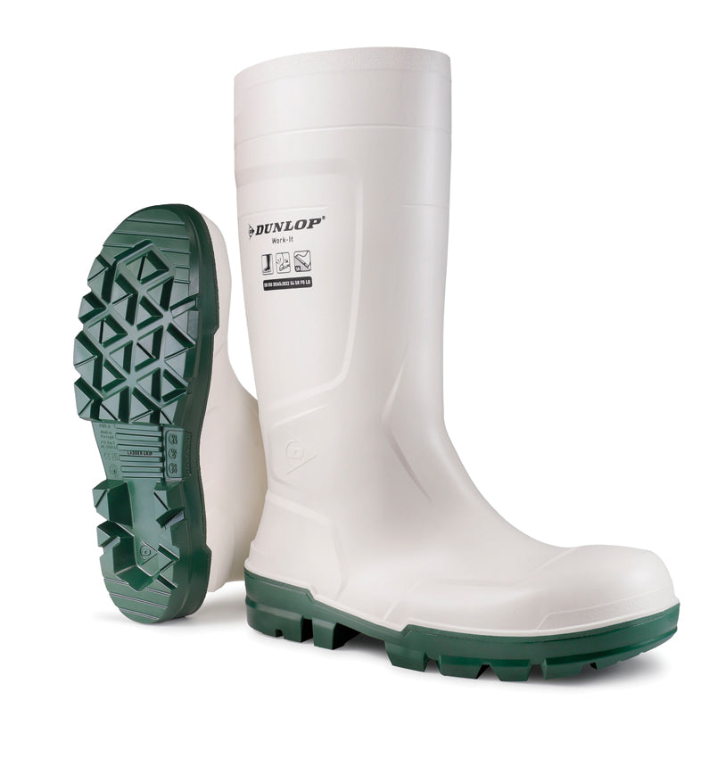 Bota de água de segurança branca PVC cano alto Dunlop S4 SR FO LG