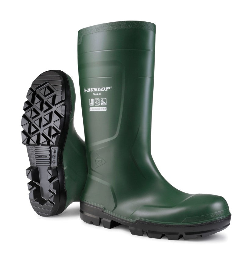 Bota de água de segurança verde PVC cano alto Dunlop S5 SR FO LG