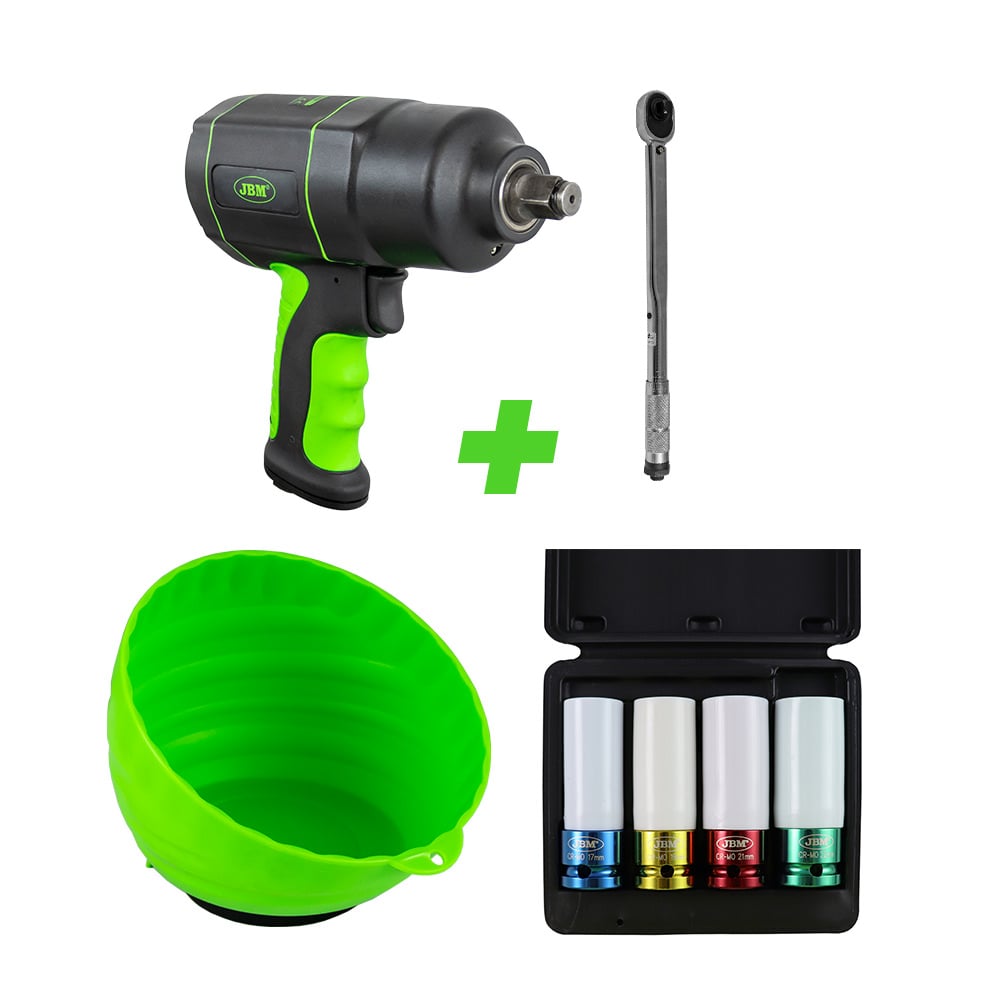 53608 Pistola Impacto 1/2"+ 51127 Chave Dinamométrica + 52338 KIT 4 Chaves Impacto+ 52466 Recipiente - JBM JBM, imagem do produto