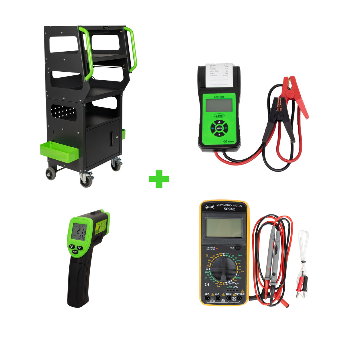 Carrinho para Diagnóstico + Comprovador de Batería com Impressora + Multímetro Digital + Termómetro - JBM JBM, imagem do produto