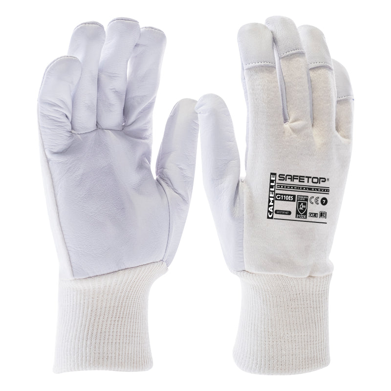 CAMELLE, Luva de couro - algodão branco, fecho elástico (12 Pares)