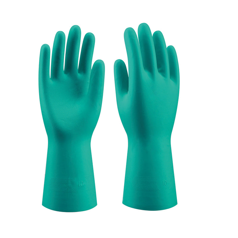 QUÍMICA VERDE, Guante de nitrilo químico flocado verde C33 cm (12 pares)