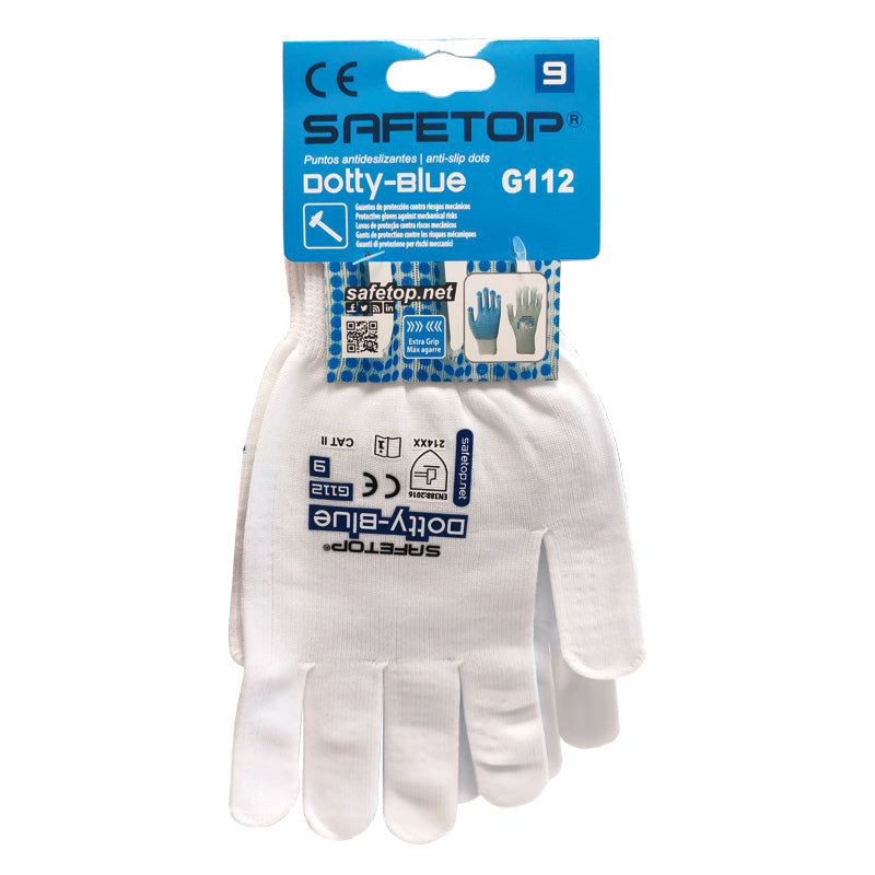 Guante de nailon con puntos de PVC de galga 13, Dotty-Blue (12 pares)