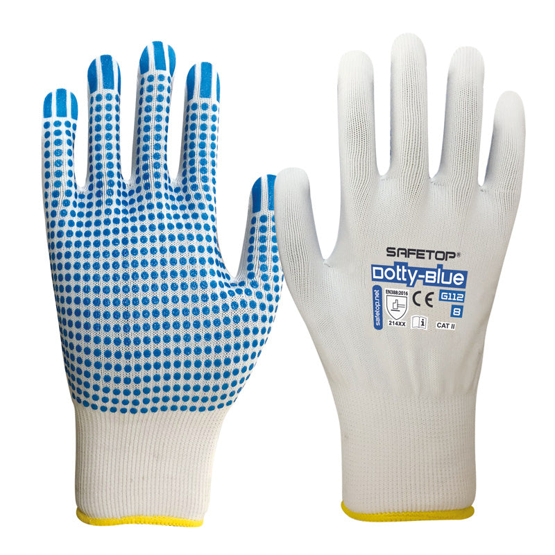 Guante de nailon con puntos de PVC de galga 13, Dotty-Blue (12 pares)