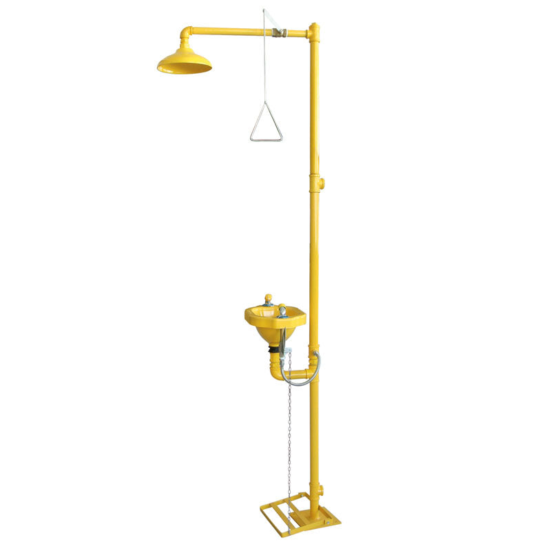 CHUVEIRO DE OLHOS, pedestal amarelo com pia e pedal equipamento de proteção profissional