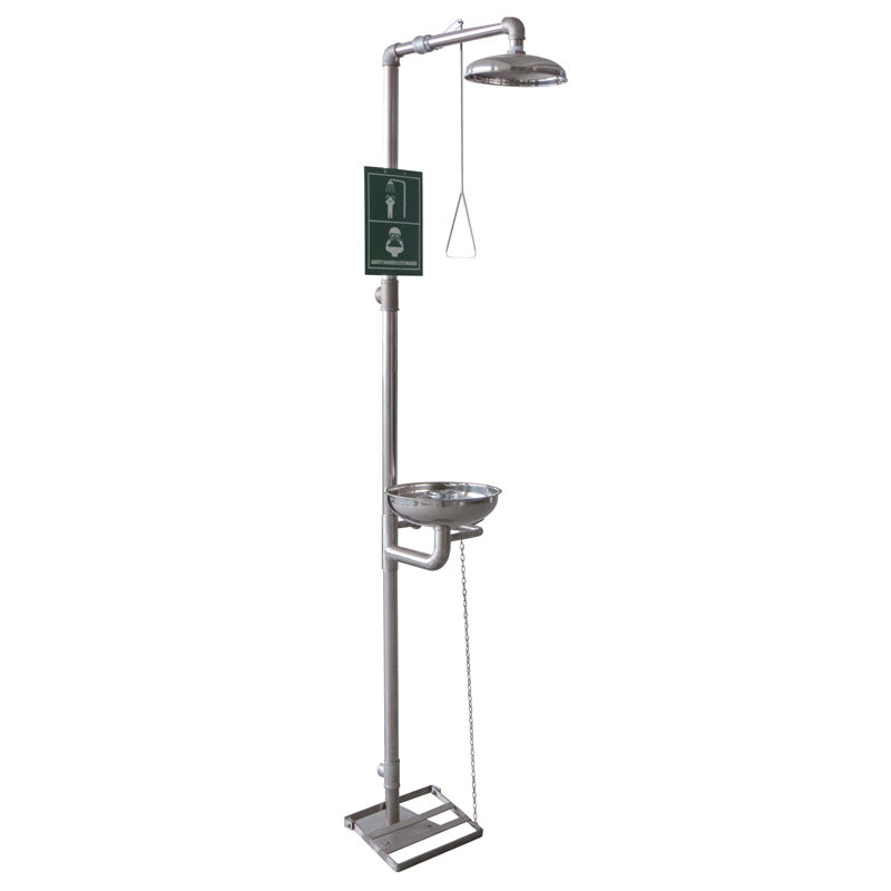 CHUVEIRO DE OLHOS EM AÇO INOXIDÁVEL, pedestal em aço inox com cuba e pedal equipamento de proteção profissional
