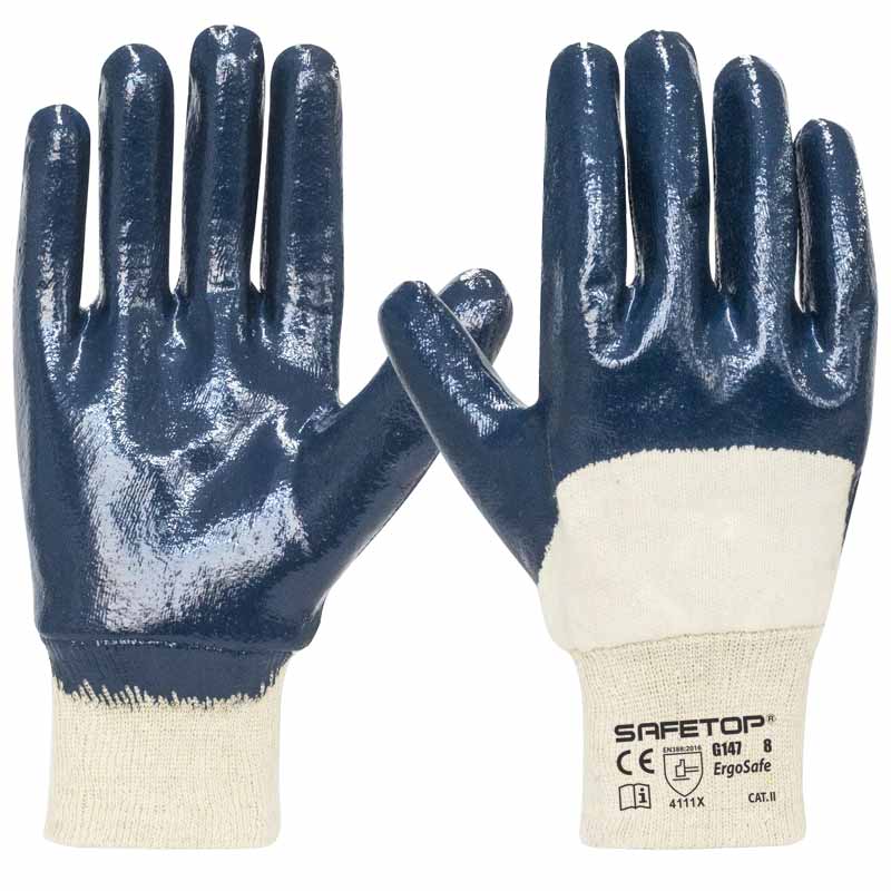 ERGOSAFE, luva de nitrila azul com forro de algodão (12 Pares)