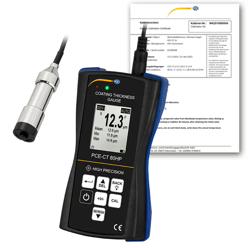 Medidor de espessura de precisão PCE-CT 80HP-FN0D5-ICA incluindo certificado de calibração ISO