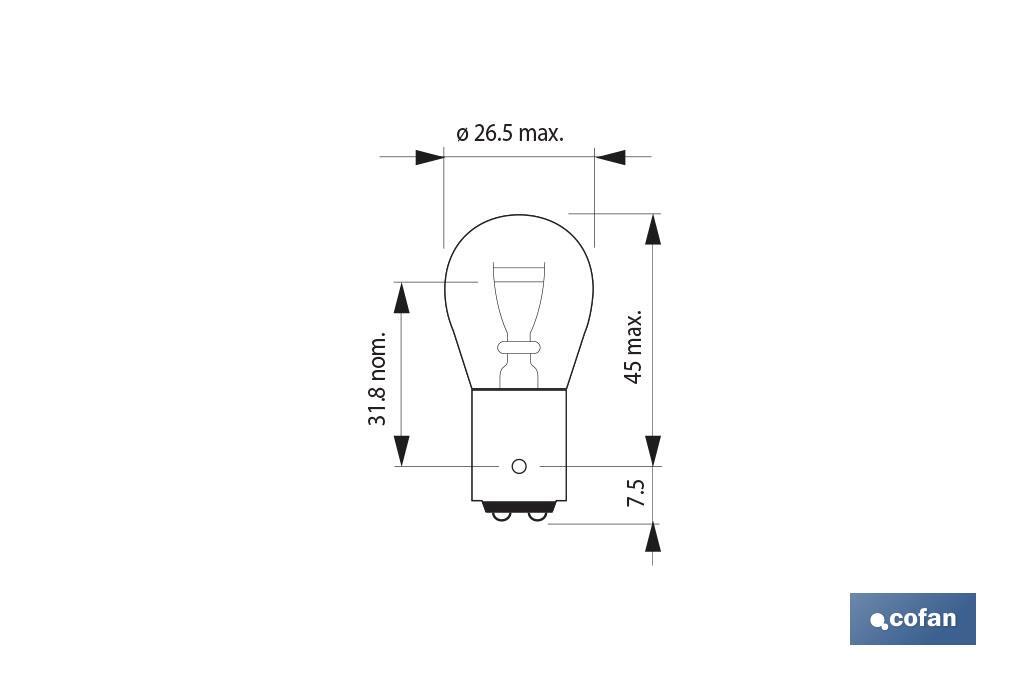 Lâmpada de 2 pólos de 12 V | Pino desencontrado | Base tipo BAW15d | Lâmpada P21/5W | Cor vermelho